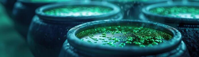 Close-up of cauldrons with green potion bubbling, creating a mystical background, editorial photography, empty space for text on left photo