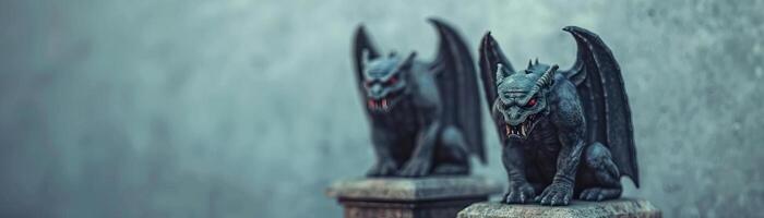 Gargoyles with fierce expressions atop pedestals, haunting and mystical scene, editorial shot, empty copy space for text photo