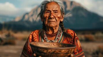 Elder leading a ceremonial ritual with symbolic artifacts, highlighting cultural heritage, Cultural Festivals in Remote Areas, editorial photography, empty space for text on side photo