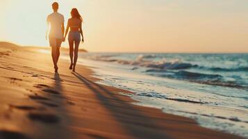 A couple walking hand in hand along the beach, their genuine smiles and carefree conversation, Candid Moments, editorial photography, empty space for text on left photo