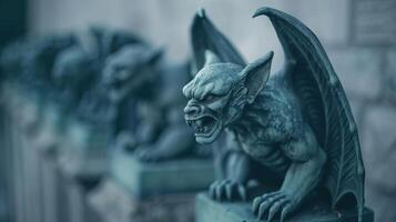 Close-up of menacing gargoyles on pedestals, creating a chilling gothic background, editorial photography, empty space for text on left photo