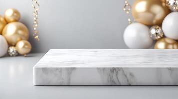 Sleek marble counter mockup against a backdrop of New Year s Eve party decorations photo