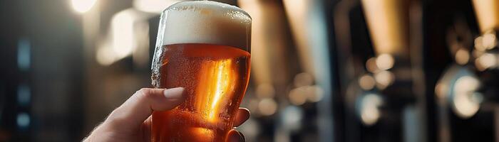 A closeup of a hand holding a frosty craft beer glass, the beers rich amber color highlighted, against a softfocus, industrial background, wide negative space for editorial content photo