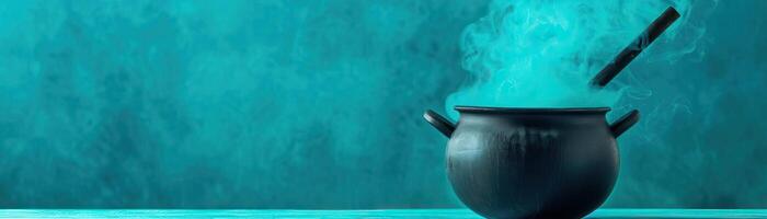 Witch's cauldron emitting magical smoke, eerie and mystical atmosphere, editorial photography, empty copy space on the right photo