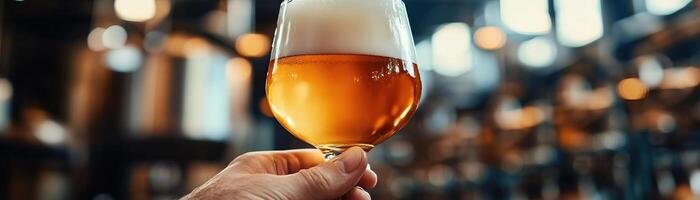 A closeup of a hand holding a frosty craft beer glass, the beers rich amber color highlighted, against a softfocus, industrial background, wide negative space for editorial content photo
