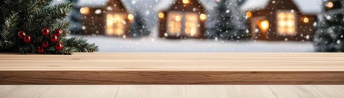Wooden counter mockup set against a snowy Christmas village background with lit windows and festive decorations, editorial photography, empty space for text on side photo