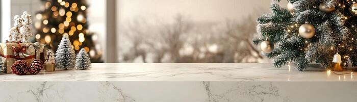 Sleek marble counter mockup against a cozy Christmas backdrop with a decorated tree and stockings, warm holiday ambiance, editorial shot, empty copy space for text on side photo
