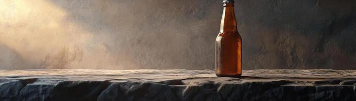 1 A zenlike setting with a single craft beer bottle centered on a stone slab, the composition against a cool, textured background, wide space for copy on one side photo