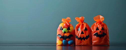 Halloween candy bags with pumpkin, ghost, and bat motifs, vibrant and fun, editorial photography, empty space for text on side photo