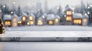 Marble counter mockup set against a snowy Christmas village background with lit windows and festive decorations, editorial photography, empty space for text on side photo