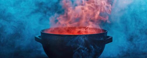 Close-up of a witch's cauldron with swirling magical smoke, creating a mystical background, editorial photography, empty space for text on left photo