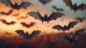 Bats flying in various directions, forming a creepy Halloween scene, editorial shot, empty copy space for text photo