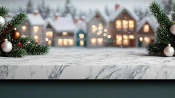 Marble counter mockup set against a snowy Christmas village background with lit windows and festive decorations, editorial photography, empty space for text on side photo