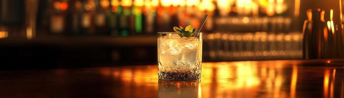1 An elegant, dimly lit shot of a gin tonic on a cozy bar table, the warm ambient light inviting, panoramic negative space above for minimalist text photo