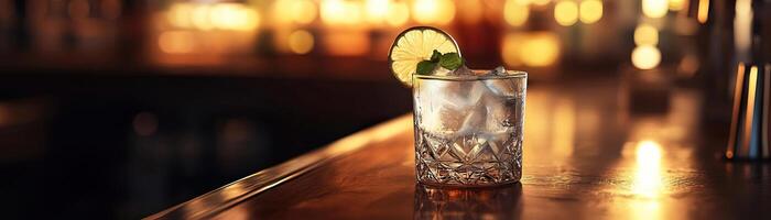 1 An elegant, dimly lit shot of a gin tonic on a cozy bar table, the warm ambient light inviting, panoramic negative space above for minimalist text photo