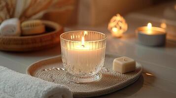 Blank clear straight candle glass amidst a setting with a plush pillow, a scented diffuser, and delicate string lights, modern warm bedroom mockup, serene and stylish photo