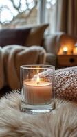 Blank clear straight candle glass amidst a setting with a plush pillow, a scented diffuser, and delicate string lights, modern warm bedroom mockup, serene and stylish photo