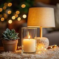 Blank clear straight candle glass surrounded by a stack of books, a small vase with flowers, and warm ambient lighting, modern warm bedroom mockup, chic and cozy photo