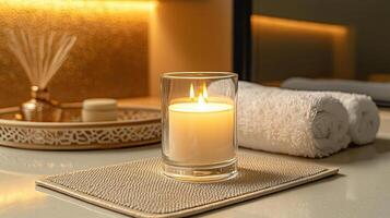 Blank clear straight candle glass amidst a setting with a plush pillow, a scented diffuser, and delicate string lights, modern warm bedroom mockup, serene and stylish photo