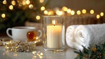 Blank clear straight candle glass amidst a setting with a plush pillow, a scented diffuser, and delicate string lights, modern warm bedroom mockup, serene and stylish photo