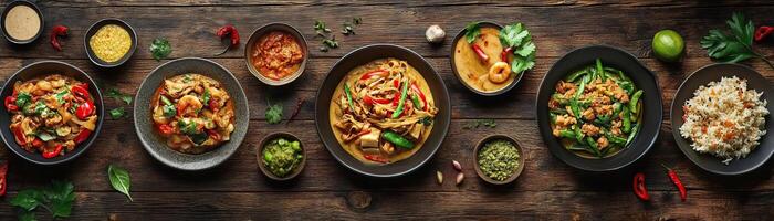 An array of delicious gourmet dishes beautifully arranged on a rustic wooden table, showcasing vibrant colors and fresh ingredients. photo