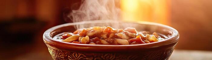 A steaming bowl of hearty chili packed with flavors, served in an earthy bowl, perfect for a cozy meal on a chilly day. photo