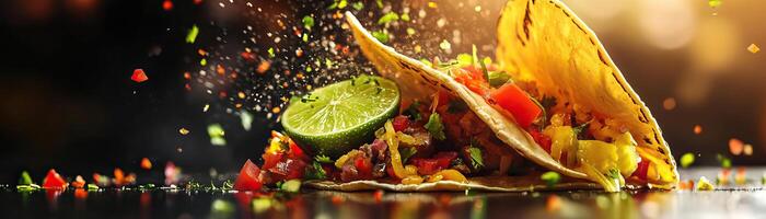 A vibrant taco filled with fresh ingredients and garnished with lime, creating a delicious and colorful culinary scene. photo