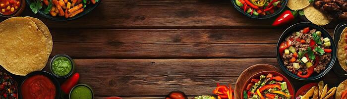 A vibrant array of fresh ingredients and dishes for a delicious Mexican feast on a rustic wooden table. photo