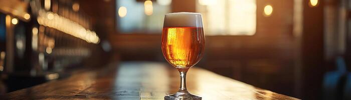 1 An elegant, dimly lit shot of a craft beer glass on a cozy pub table, the warm ambient light inviting, panoramic negative space above for minimalist text photo