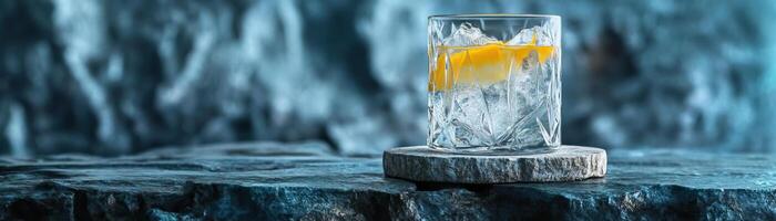 1 A zenlike setting with a gin tonic on a stone coaster, the composition against a cool, textured background, wide space for copy on one side photo