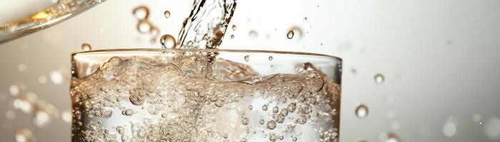 A dynamic moment captured with tonic being poured into the gin, bubbles swirling around, against a clean, light backdrop, wide space on the side for advertising copy photo