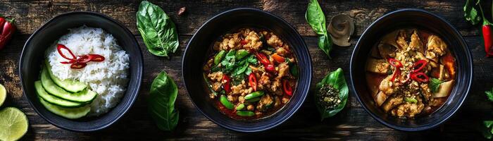 Delicious Asian dishes featuring rice, chicken, and vibrant vegetables, beautifully presented in black bowls. photo