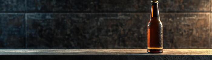1 A sleek, contemporary craft beer setup, the bottle set on a polished concrete table, ambient light highlighting the texture of the beer, ample space above for minimalist text photo