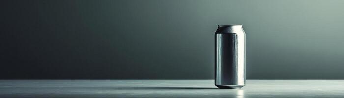A contemporary, clean setup with a craft beer can, set against a sleek, grey background, wide space above for editorial content photo