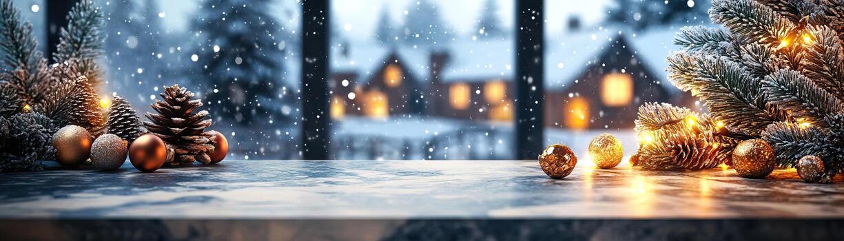 Marble counter mockup set against a snowy Christmas village background with lit windows and festive decorations, editorial photography, empty space for text on side photo