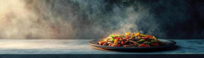 A mouthwatering plate of steaming stir-fried vegetables on a rustic table, showcasing vibrant colors and delicious textures. photo