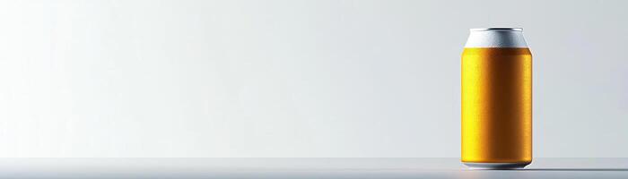 A highkey minimalist setup with a craft beer can, set against a crisp, white background, broad empty space on the right for promotional text photo