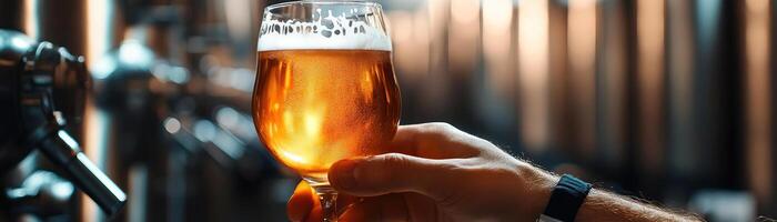 A closeup of a hand holding a frosty craft beer glass, the beers rich amber color highlighted, against a softfocus, industrial background, wide negative space for editorial content photo