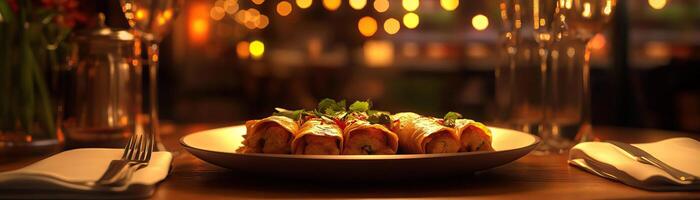A delicious plate of gourmet food elegantly presented on a wooden table, surrounded by a warm and inviting atmosphere. photo
