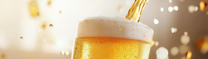 A dynamic moment captured with beer being poured into a frosty glass, the bubbles and foam in focus, against a clean, light backdrop, wide space on the side for advertising copy photo
