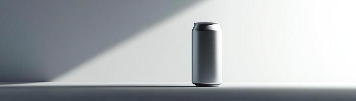 A highkey minimalist setup with a craft beer can, set against a crisp, white background, broad empty space on the right for promotional text photo
