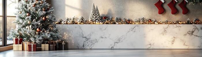 Sleek marble counter mockup against a cozy Christmas backdrop with a decorated tree and stockings, warm holiday ambiance, editorial shot, empty copy space for text on side photo