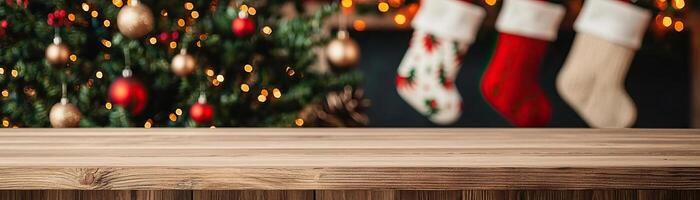 Rustic wooden counter mockup against a cozy Christmas backdrop with a decorated tree and stockings, warm holiday ambiance, editorial shot, empty copy space for text on side photo