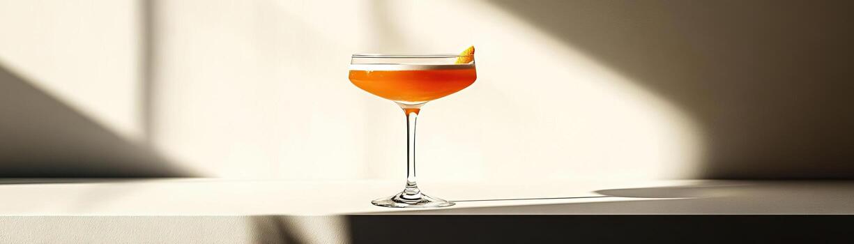 Elegant cocktail in a glass with a citrus garnish, set against a soft light background. Perfect for bar or restaurant themes. photo