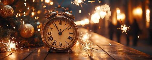Festive wooden counter mockup with a backdrop of a clock striking midnight photo