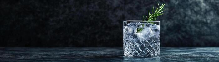 A minimalist composition of a highball glass, gin tonic with a garnish of rosemary, against a dark, textured backdrop, panoramic space above for copy photo