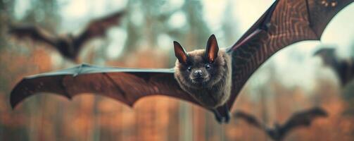 Close-up of bats in flight, creating a spooky Halloween background, editorial photography, empty space for text on left photo