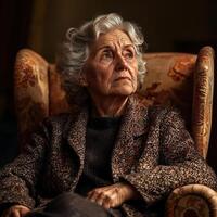 Sad elderly woman sitting in a chair, surrounded by empty space, looking away with a melancholic expression, alone and reflective photo
