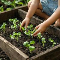 Child using their bare hands to carefully plant young vegetable seedlings in a raised garden bed photo