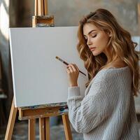 Girl painter at a stylish art studio, leaning close to a white canvas on an easel as she begins her artwork, creative hobby, dedicated and thoughtful photo